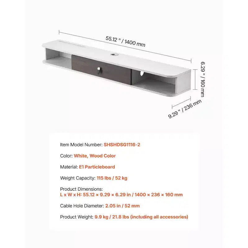 Meuble TV Flottant VEVOR, Centre de Divertissement Mural 55 pouces avec Trou de Câble, Étagère TV Flottante Moderne avec Armoire de Rangement, Blanc