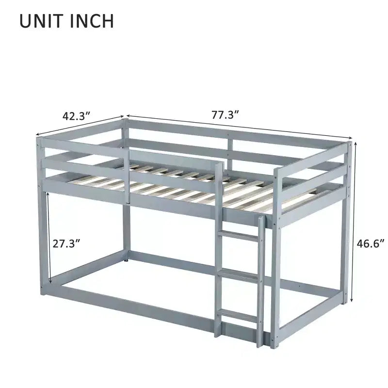 Lit superposé Okak Twin Over Twin au sol avec échelle et lattes renforcées, cadre de lit moderne en bois d'hévéa pour chambre d'enfants, chambre à coucher