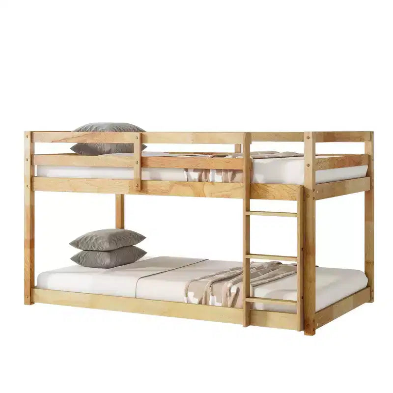 Lit superposé Okak Twin Over Twin au sol avec échelle et lattes renforcées, cadre de lit moderne en bois d'hévéa pour chambre d'enfants, chambre à coucher