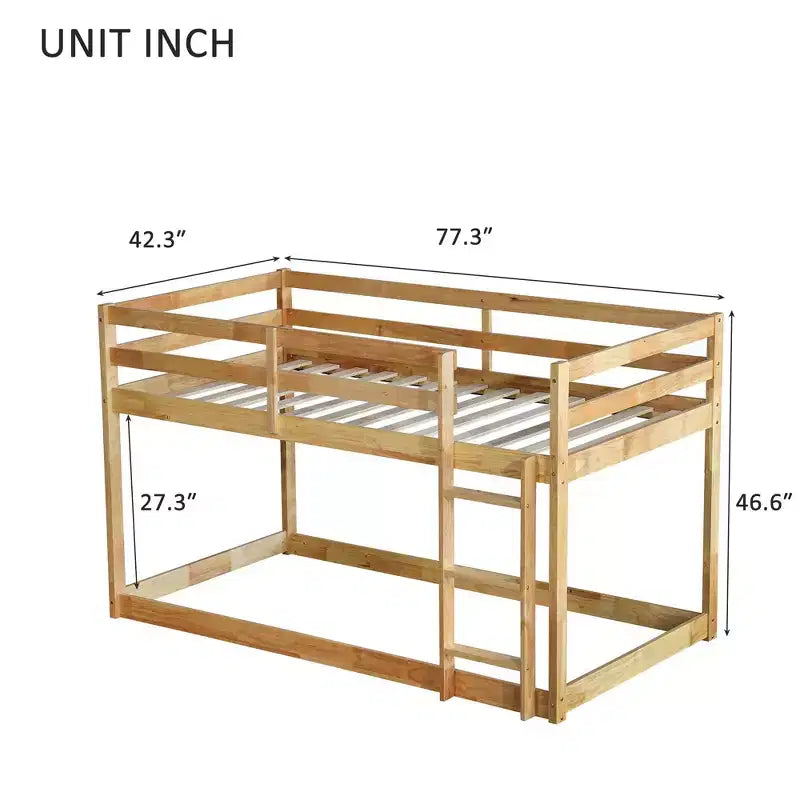 Lit superposé Okak Twin Over Twin au sol avec échelle et lattes renforcées, cadre de lit moderne en bois d'hévéa pour chambre d'enfants, chambre à coucher