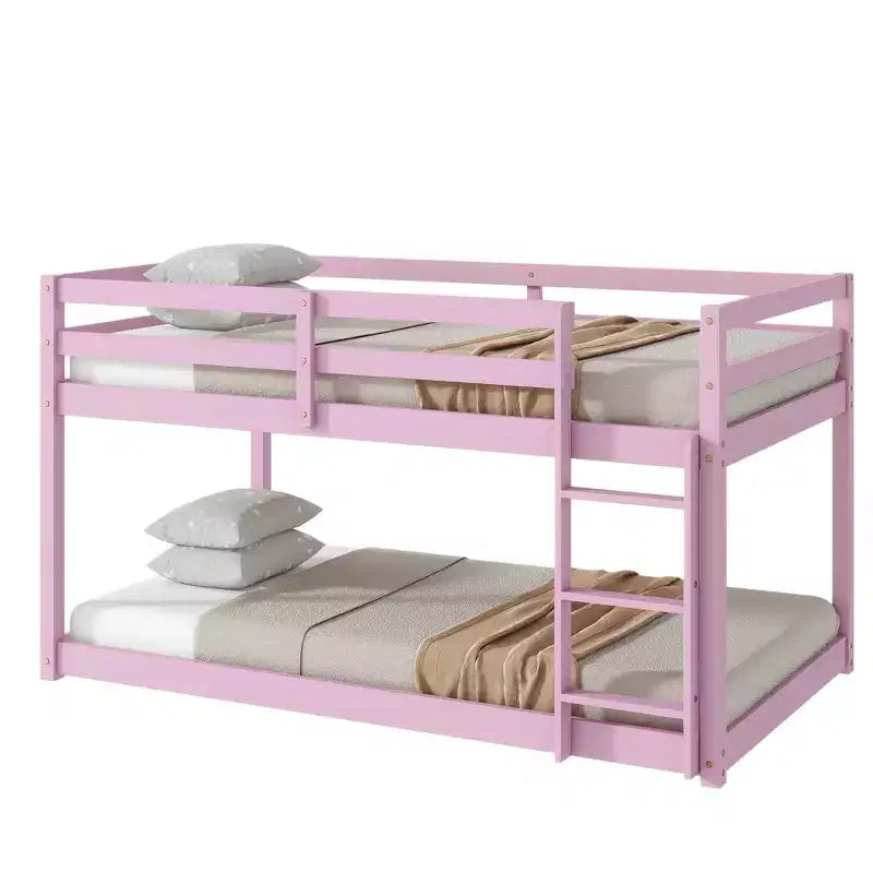 Lit superposé Okak Twin Over Twin au sol avec échelle et lattes renforcées, cadre de lit moderne en bois d'hévéa pour chambre d'enfants, chambre à coucher