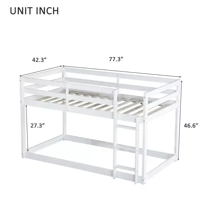 Lit superposé Okak Twin Over Twin au sol avec échelle et lattes renforcées, cadre de lit moderne en bois d'hévéa pour chambre d'enfants, chambre à coucher