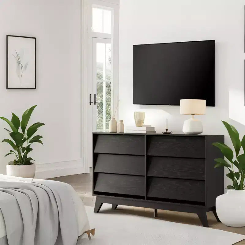 Commode en bois cannelé COZONY à 6 tiroirs, table de chevet et coffre de rangement modernes pour chambre à coucher et salon