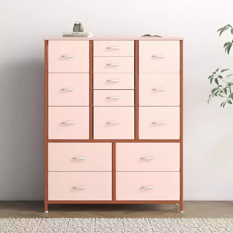 COZONY Commode haute à 15 tiroirs en tissu avec plateau en bois et cadre en métal robuste, Commode de rangement avec imprimé grain de bois pour chambre à coucher, salon et couloir