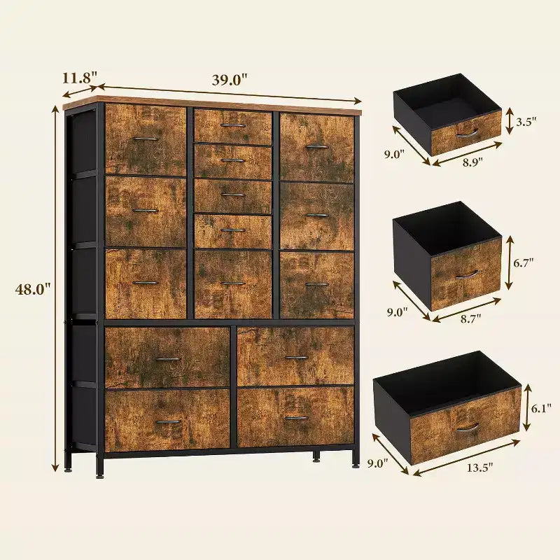 COZONY Commode haute à 15 tiroirs en tissu avec plateau en bois et cadre en métal robuste, Commode de rangement avec imprimé grain de bois pour chambre à coucher, salon et couloir