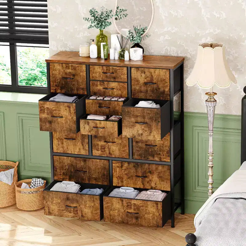 COZONY Commode haute à 15 tiroirs en tissu avec plateau en bois et cadre en métal robuste, Commode de rangement avec imprimé grain de bois pour chambre à coucher, salon et couloir