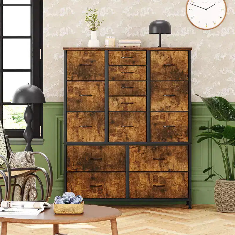 COZONY Commode haute à 15 tiroirs en tissu avec plateau en bois et cadre en métal robuste, Commode de rangement avec imprimé grain de bois pour chambre à coucher, salon et couloir
