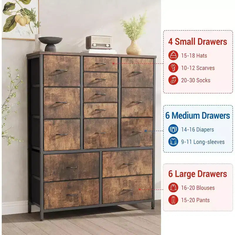 COZONY Commode haute à 15 tiroirs en tissu avec plateau en bois et cadre en métal robuste, Commode de rangement avec imprimé grain de bois pour chambre à coucher, salon et couloir