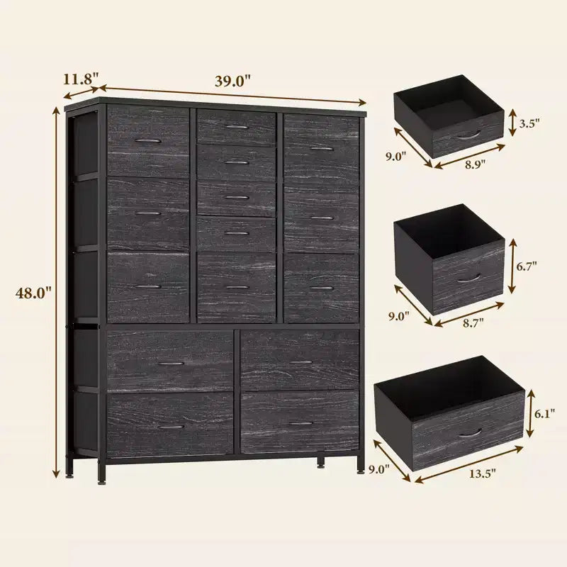 COZONY Commode haute à 15 tiroirs en tissu avec plateau en bois et cadre en métal robuste, Commode de rangement avec imprimé grain de bois pour chambre à coucher, salon et couloir