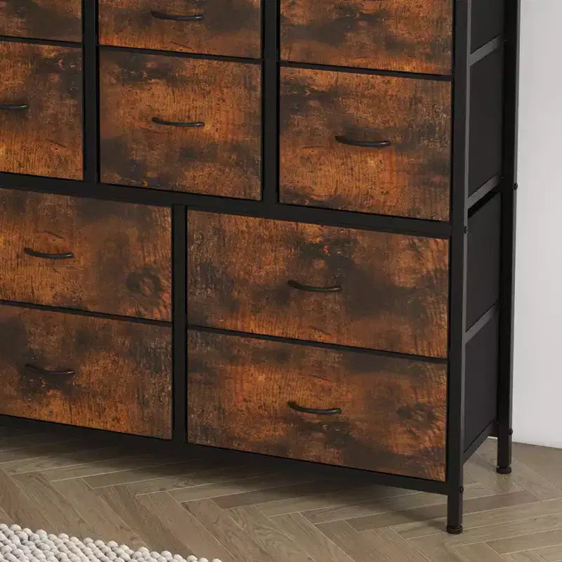 COZONY Commode haute à 15 tiroirs en tissu avec plateau en bois et cadre en métal robuste, Commode de rangement avec imprimé grain de bois pour chambre à coucher, salon et couloir