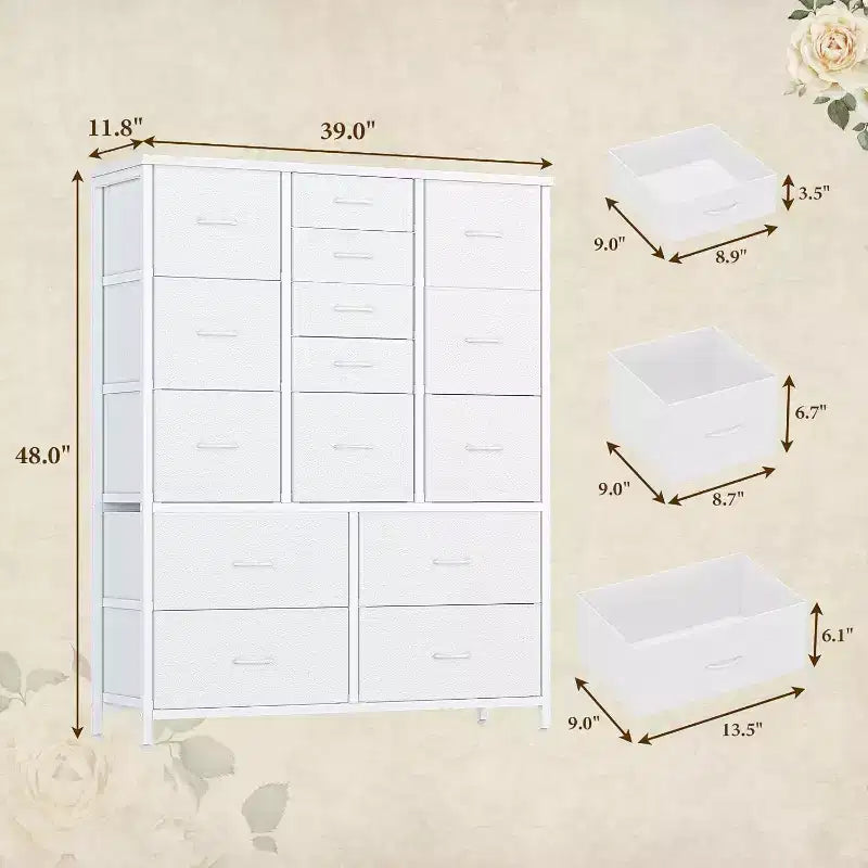 COZONY Commode haute à 15 tiroirs en tissu avec plateau en bois et cadre en métal robuste, Commode de rangement avec imprimé grain de bois pour chambre à coucher, salon et couloir