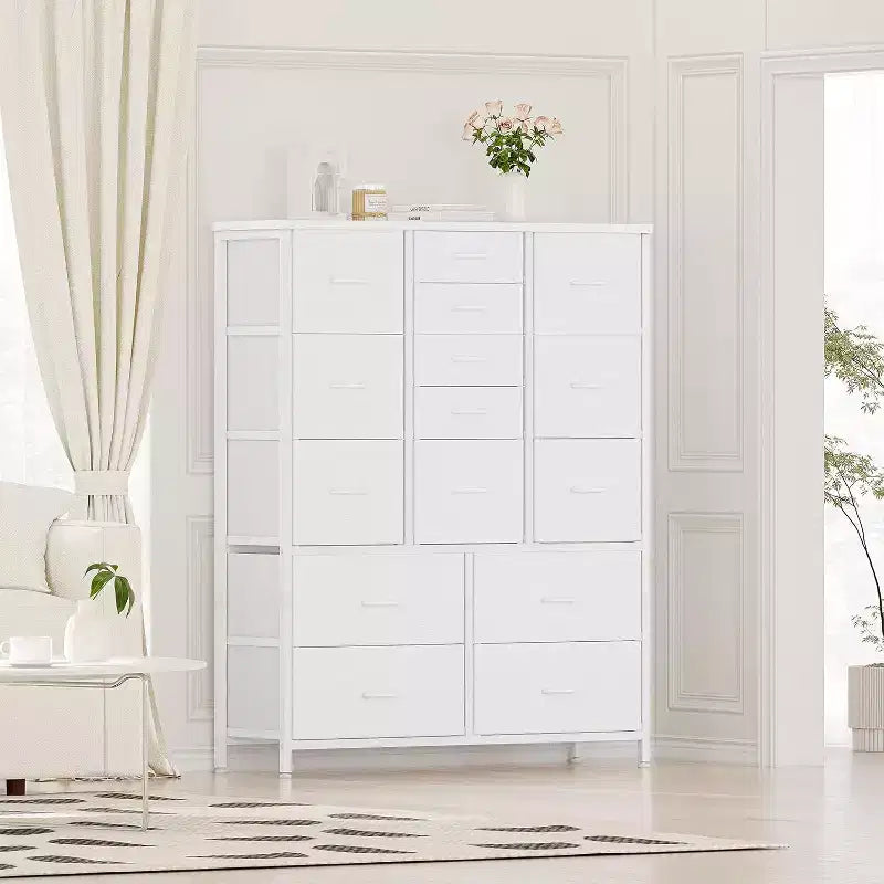 COZONY Commode haute à 15 tiroirs en tissu avec plateau en bois et cadre en métal robuste, Commode de rangement avec imprimé grain de bois pour chambre à coucher, salon et couloir
