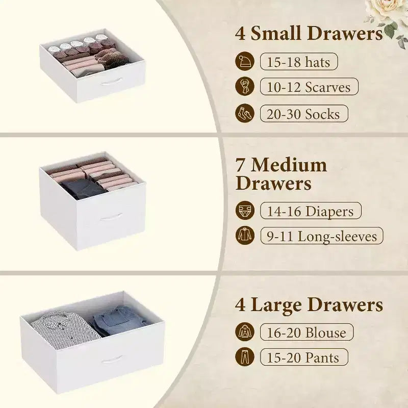 COZONY Commode haute à 15 tiroirs en tissu avec plateau en bois et cadre en métal robuste, Commode de rangement avec imprimé grain de bois pour chambre à coucher, salon et couloir