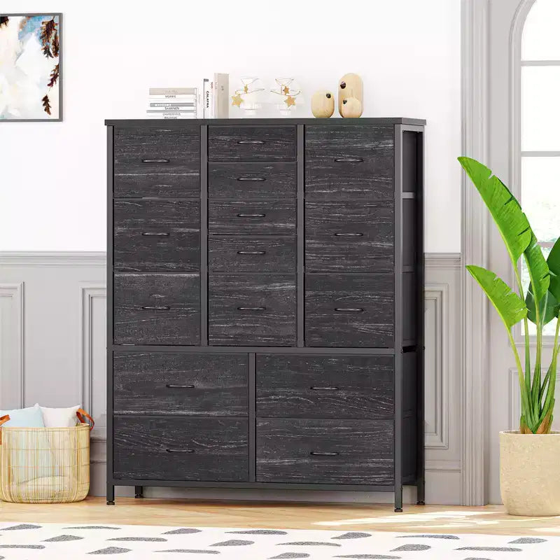 COZONY Commode haute à 15 tiroirs en tissu avec plateau en bois et cadre en métal robuste, Commode de rangement avec imprimé grain de bois pour chambre à coucher, salon et couloir