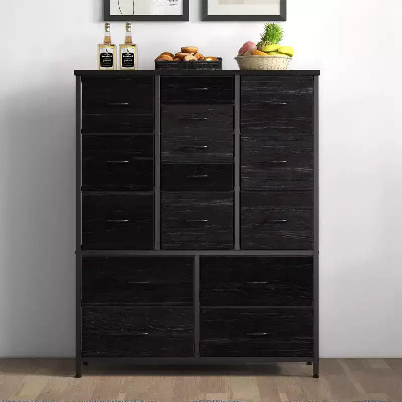COZONY Commode haute à 15 tiroirs en tissu avec plateau en bois et cadre en métal robuste, Commode de rangement avec imprimé grain de bois pour chambre à coucher, salon et couloir