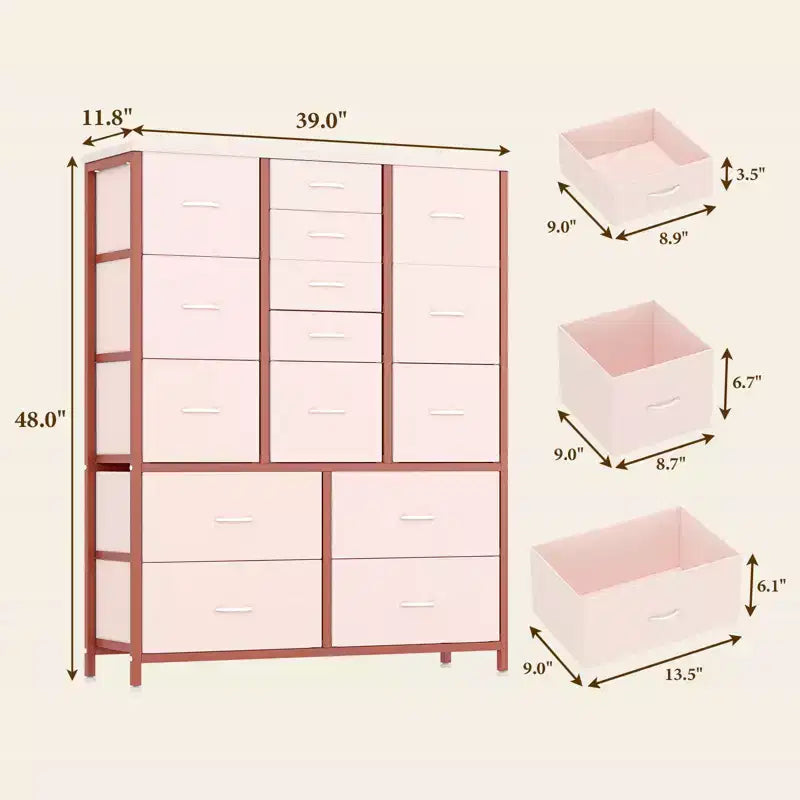 COZONY Commode haute à 15 tiroirs en tissu avec plateau en bois et cadre en métal robuste, Commode de rangement avec imprimé grain de bois pour chambre à coucher, salon et couloir