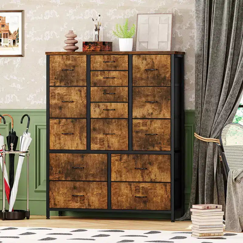 COZONY Commode haute à 15 tiroirs en tissu avec plateau en bois et cadre en métal robuste, Commode de rangement avec imprimé grain de bois pour chambre à coucher, salon et couloir