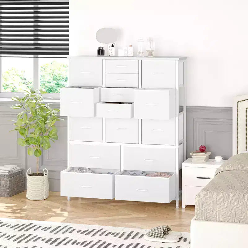 COZONY Commode haute à 15 tiroirs en tissu avec plateau en bois et cadre en métal robuste, Commode de rangement avec imprimé grain de bois pour chambre à coucher, salon et couloir