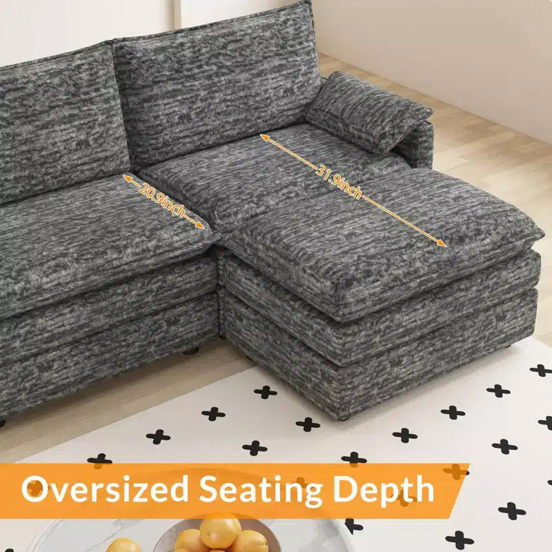 Canapé sectionnel modulaire 108" avec pouf mobile - Canapé d'angle en chenille pour salon d'appartement