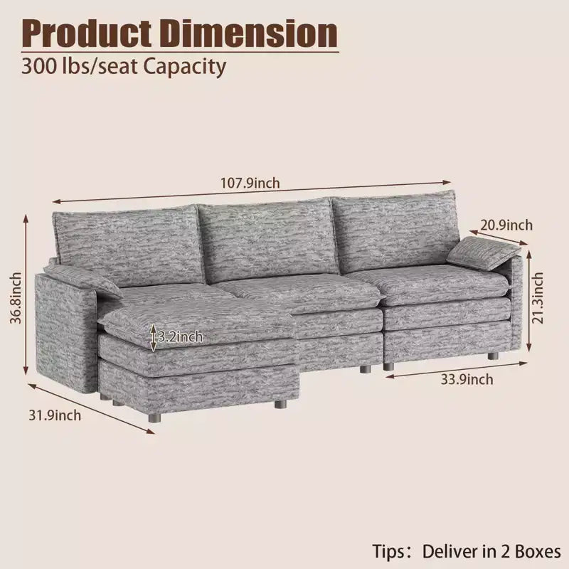 Canapé sectionnel modulaire 108" avec pouf mobile - Canapé d'angle en chenille pour salon d'appartement