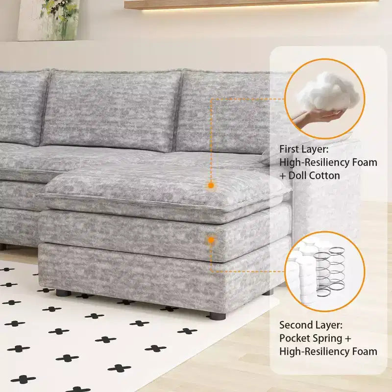 Canapé sectionnel modulaire 108" avec pouf mobile - Canapé d'angle en chenille pour salon d'appartement