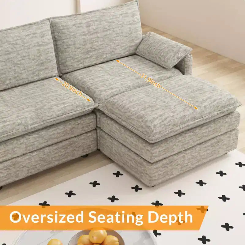 Canapé sectionnel modulaire 108" avec pouf mobile - Canapé d'angle en chenille pour salon d'appartement