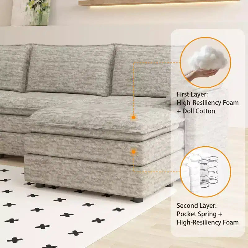 Canapé sectionnel modulaire 108" avec pouf mobile - Canapé d'angle en chenille pour salon d'appartement