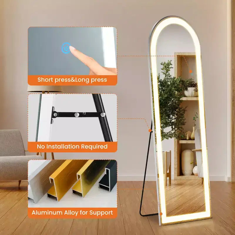 Bestier Miroir pleine longueur avec lumières LED, miroir de 152 cm avec cadre en alliage d'aluminium, miroirs sur pied ou muraux pour le salon