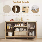 Buffet en rotin de 47,2 pouces, Armoire de bar à café de cuisine avec portes et tiroir, Enfilade bohème avec étagères réglables et poignée pour salon