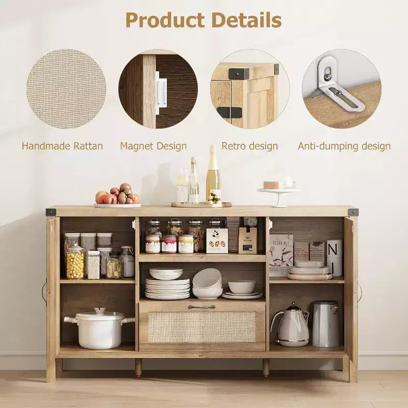 Buffet en rotin de 47,2 pouces, Armoire de bar à café de cuisine avec portes et tiroir, Enfilade bohème avec étagères réglables et poignée pour salon