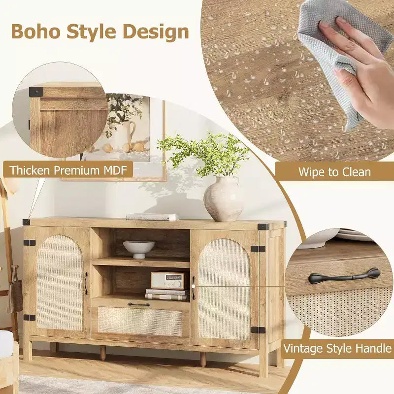 Buffet en rotin de 47,2 pouces, Armoire de bar à café de cuisine avec portes et tiroir, Enfilade bohème avec étagères réglables et poignée pour salon