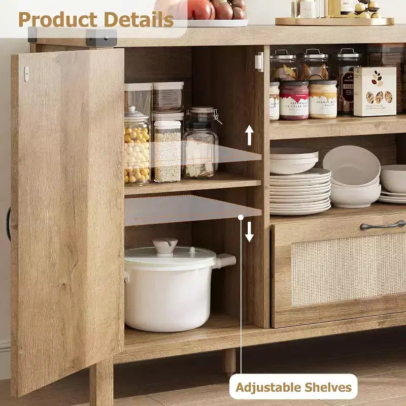 Buffet en rotin de 47,2 pouces, Armoire de bar à café de cuisine avec portes et tiroir, Enfilade bohème avec étagères réglables et poignée pour salon