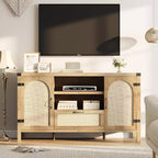 Buffet en rotin de 47,2 pouces, Armoire de bar à café de cuisine avec portes et tiroir, Enfilade bohème avec étagères réglables et poignée pour salon