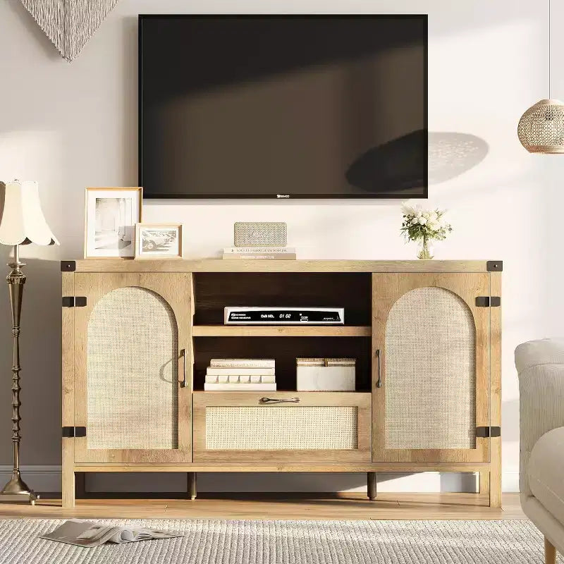 Buffet en rotin de 47,2 pouces, Armoire de bar à café de cuisine avec portes et tiroir, Enfilade bohème avec étagères réglables et poignée pour salon