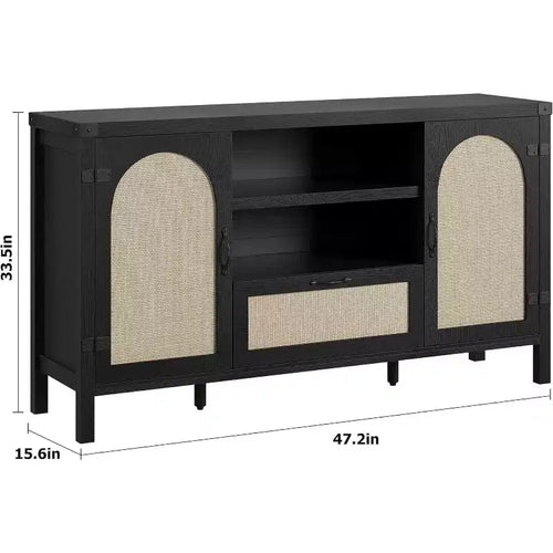 Buffet en rotin de 47,2 pouces, Armoire de bar à café de cuisine avec portes et tiroir, Enfilade bohème avec étagères réglables et poignée pour salon