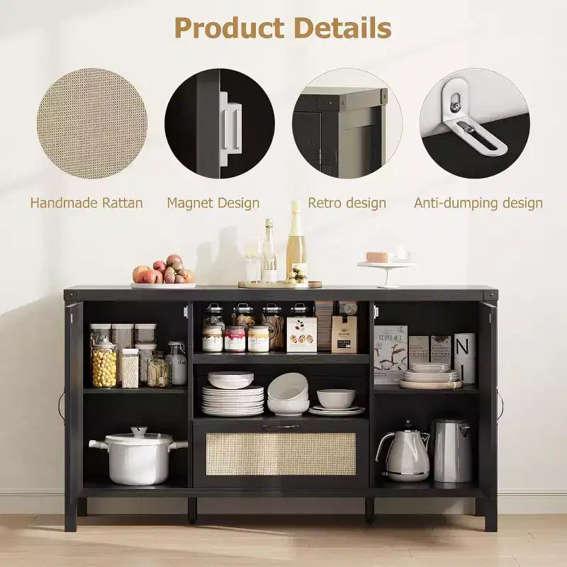 Buffet en rotin de 47,2 pouces, Armoire de bar à café de cuisine avec portes et tiroir, Enfilade bohème avec étagères réglables et poignée pour salon