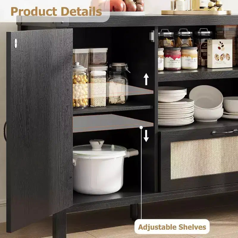 Buffet en rotin de 47,2 pouces, Armoire de bar à café de cuisine avec portes et tiroir, Enfilade bohème avec étagères réglables et poignée pour salon