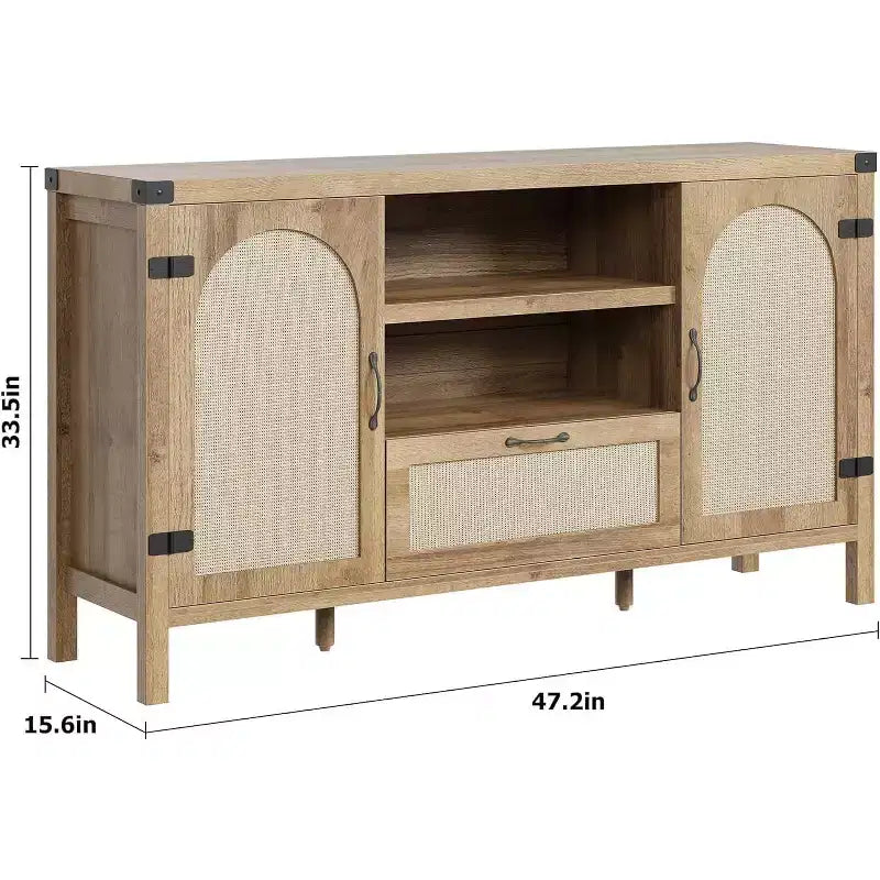 Buffet en rotin de 47,2 pouces, Armoire de bar à café de cuisine avec portes et tiroir, Enfilade bohème avec étagères réglables et poignée pour salon