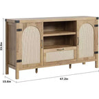 Buffet en rotin de 47,2 pouces, Armoire de bar à café de cuisine avec portes et tiroir, Enfilade bohème avec étagères réglables et poignée pour salon