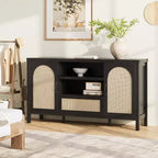 Buffet en rotin de 47,2 pouces, Armoire de bar à café de cuisine avec portes et tiroir, Enfilade bohème avec étagères réglables et poignée pour salon
