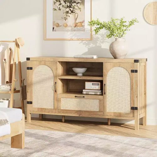 47.2'' Rattan Buffet Cabinet, Kitchen Coffee Bar Cabinet w/Doors and Drawer, Boho Sideboard with Adjustable Shelves & Handle for Living Room