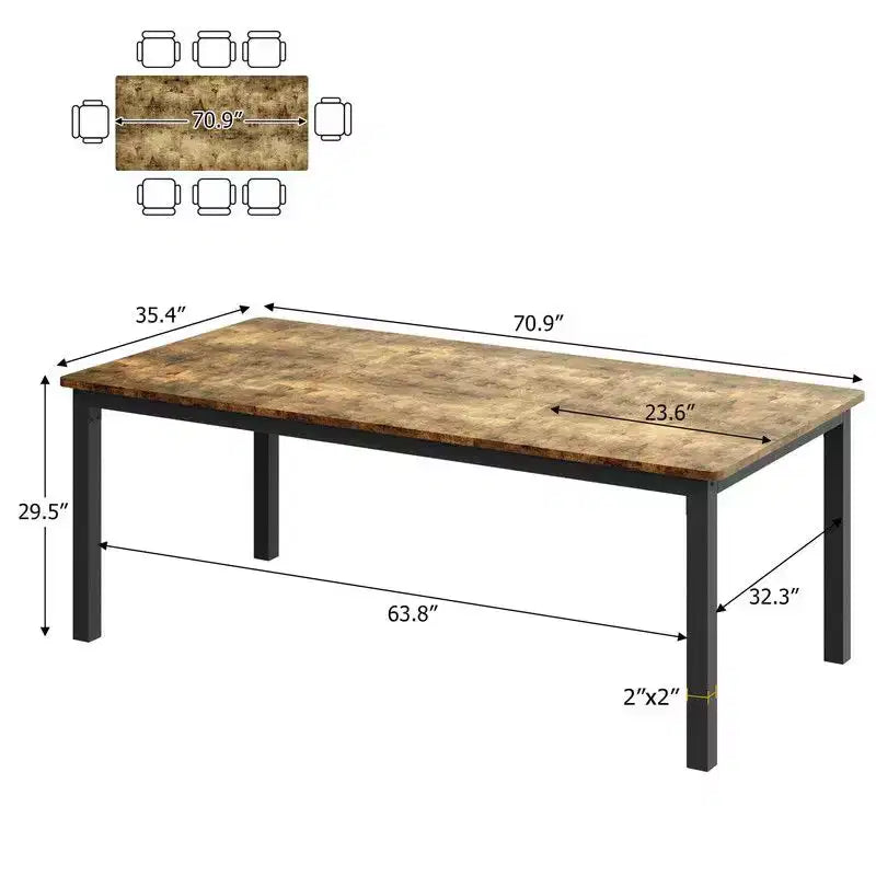 Table à manger industrielle pour 6-8 personnes, longue table de cuisine avec cadre métallique robuste et comptoir rectangulaire à bords arrondis pour le dîner