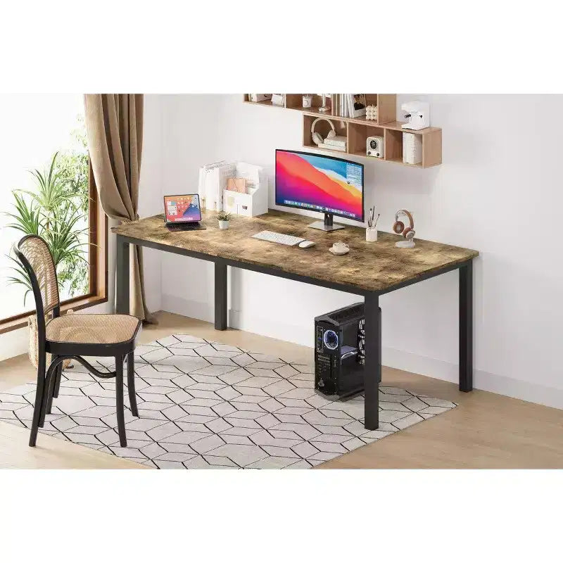 Table à manger industrielle pour 6-8 personnes, longue table de cuisine avec cadre métallique robuste et comptoir rectangulaire à bords arrondis pour le dîner