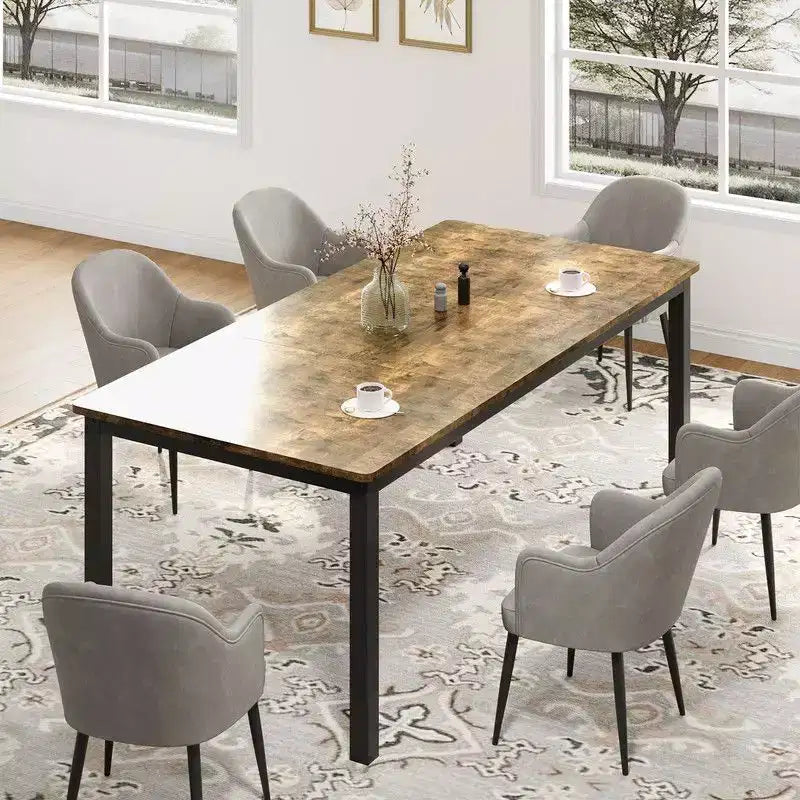 Table à manger industrielle pour 6-8 personnes, longue table de cuisine avec cadre métallique robuste et comptoir rectangulaire à bords arrondis pour le dîner