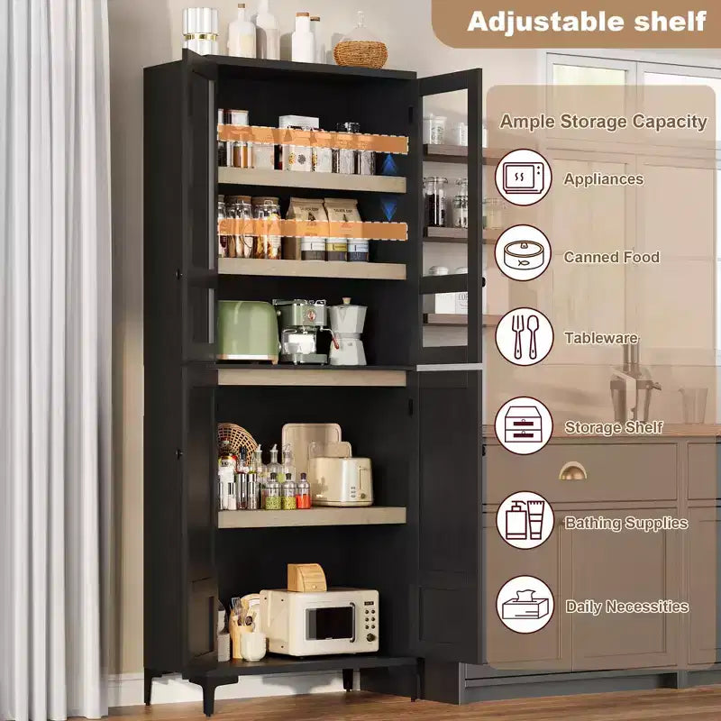 Meuble de rangement haut GustoWave de 180 cm, Armoire de cuisine/garde-manger 5 niveaux avec 4 portes et étagères réglables pour cuisine, salle à manger, salle de bain