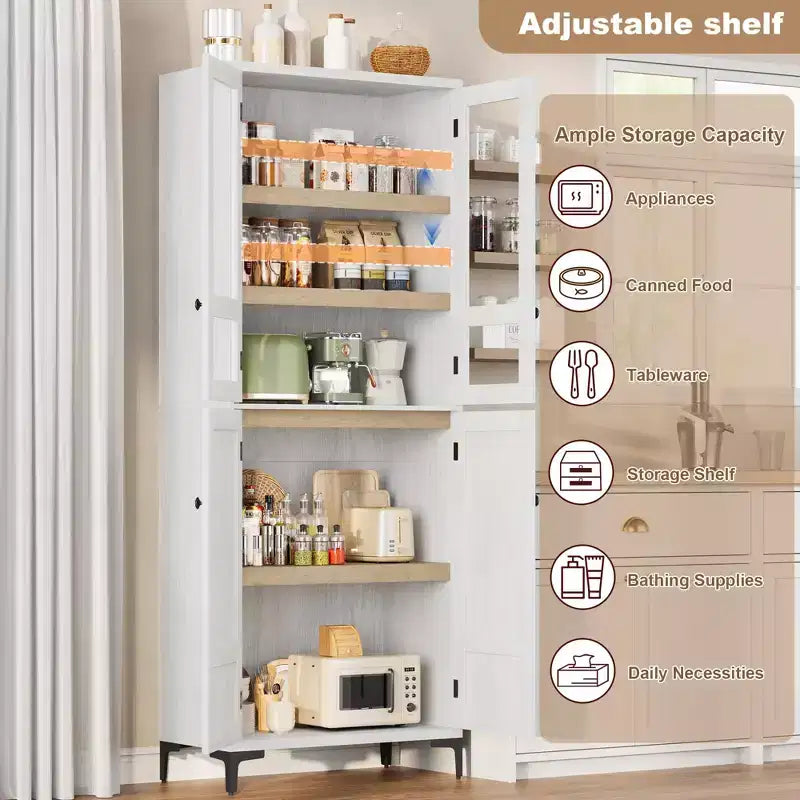 Meuble de rangement haut GustoWave de 180 cm, Armoire de cuisine/garde-manger 5 niveaux avec 4 portes et étagères réglables pour cuisine, salle à manger, salle de bain