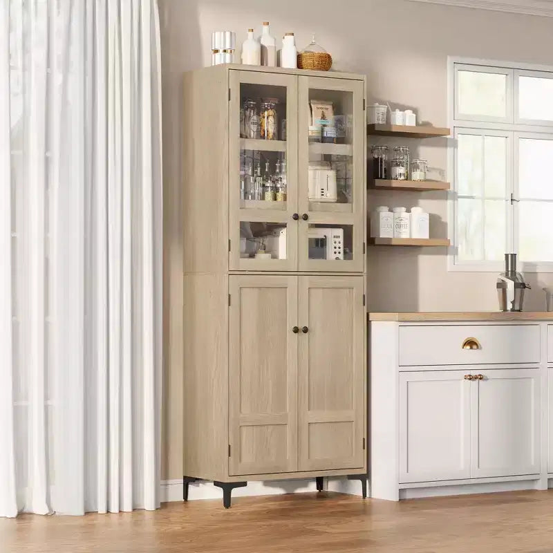 Meuble de rangement haut GustoWave de 180 cm, Armoire de cuisine/garde-manger 5 niveaux avec 4 portes et étagères réglables pour cuisine, salle à manger, salle de bain
