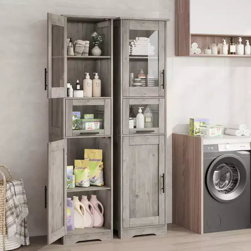 Élément de rangement haut et étroit de 170 cm avec portes vitrées et étagère réglable, armoire autoportante étroite