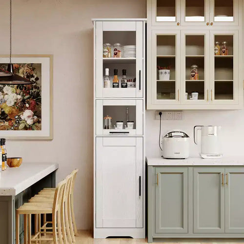67 H Tall Slim Pantry Cabinet with Glass Doors and Adjustable Shelf, Freestanding Slim Cupboard