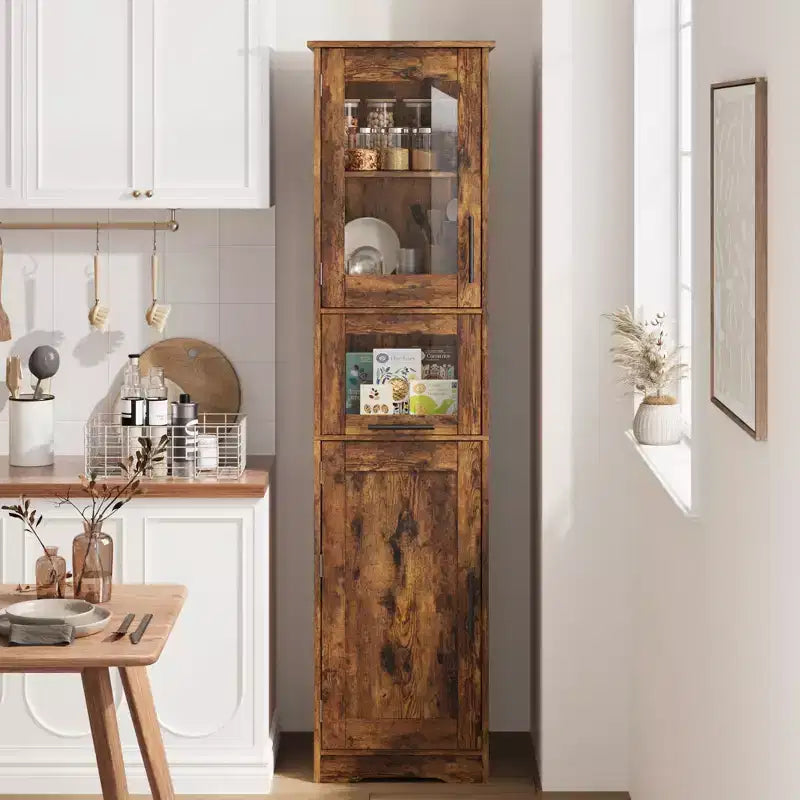 Élément de rangement haut et étroit de 170 cm avec portes vitrées et étagère réglable, armoire autoportante étroite
